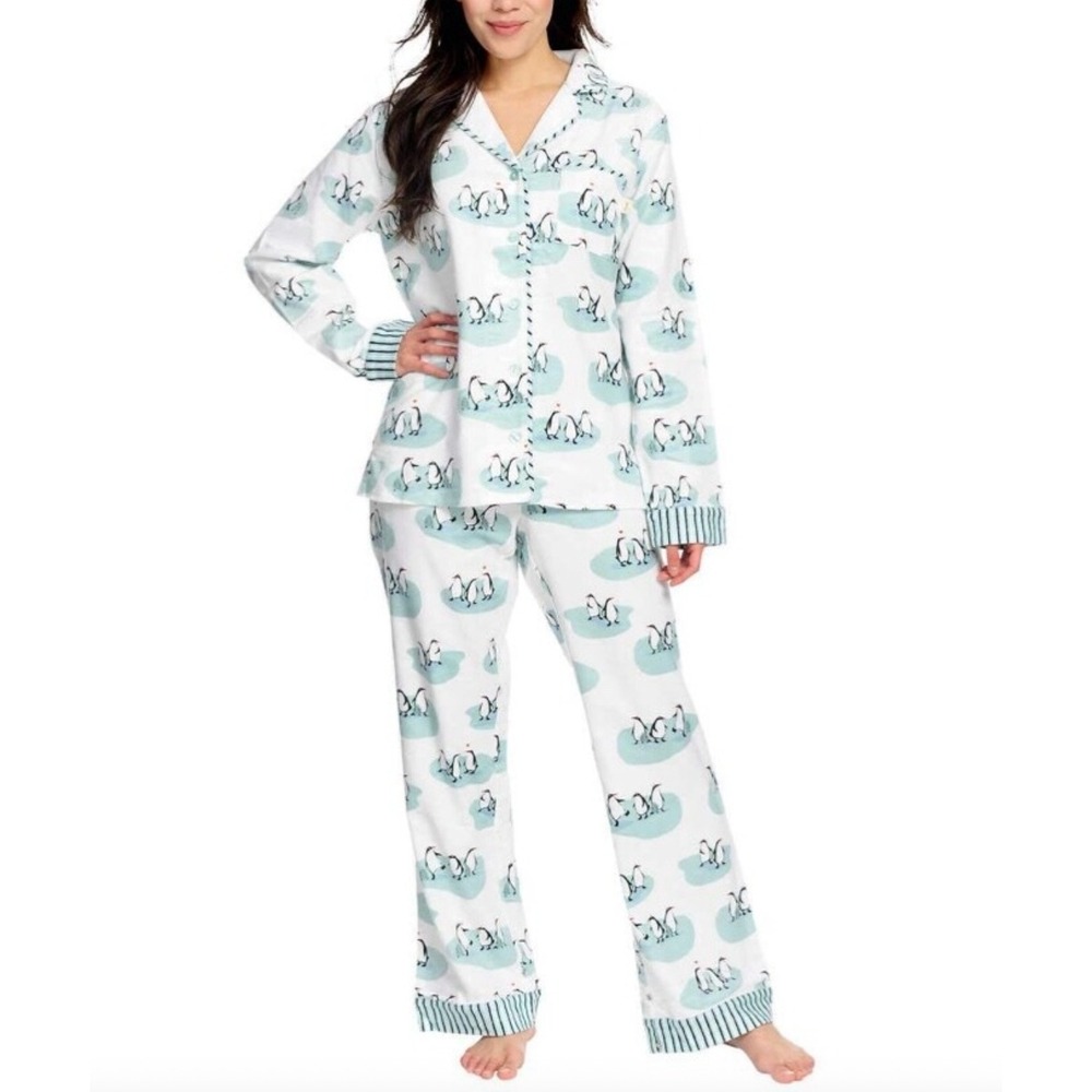 Munki Munki Womens Penguin Print Bamboo Cotton Pajama Set Blue White Medium